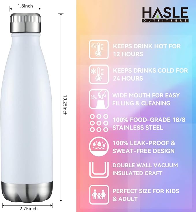 HASLE OUTFITTERS 17oz Stainless Steel Water Bottles Bulk, Vacuum Insulated Water Bottles Double Walled Powder Coated Reusable Metal Sports Water Bottles Keep Drinks Hot and Cold, White, 4Packs