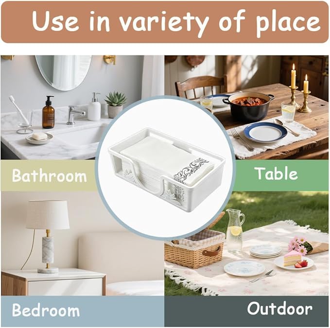 Metal Napkin Holder for Bathroom and Kitchen - White Floral Design Disposable Hand Towel Holder Tray, Guest Towel Organizer for Countertop, Paper Napkin and Towel Dispenser (White)