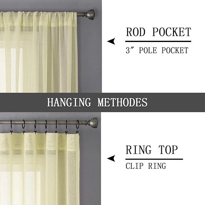 Tollpiz Short Sheer Curtain Living Room Linen Textured Curtains Sheer Light Filtering Voile Rod Pocket Curtain for Bedroom, 38 x 54 inches Long, Transparent Yellow, Set of 2 Panels