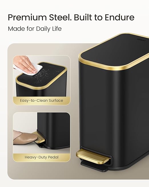 Cesun Small Bathroom Trash Can with Lid Soft Close, 5 Liter/1.3 Gallon Stainless Steel Garbage Can with Removable Inner Bucket, Step Pedal, Slim Waste Basket for Toilet, Office, Bedroom (Black&Gold)