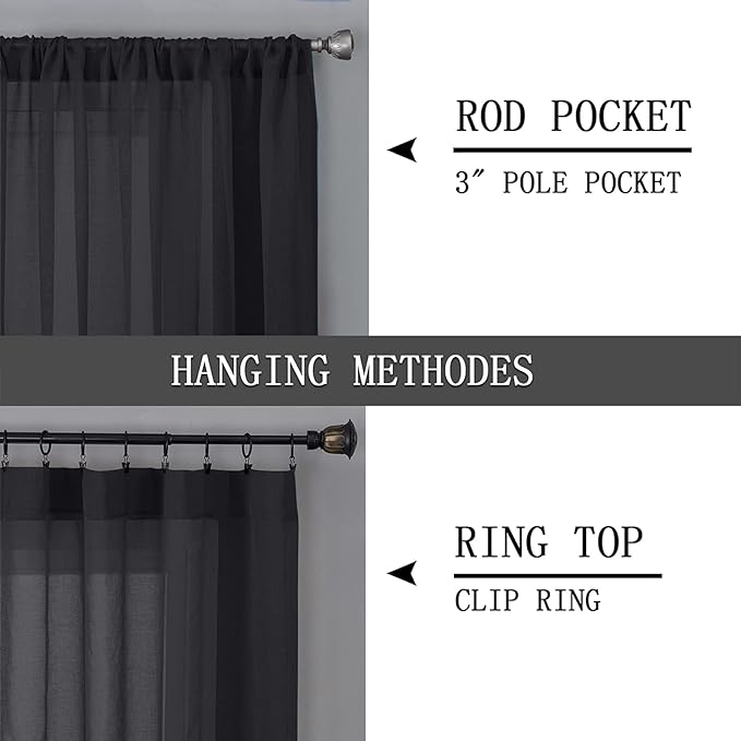 Tollpiz Short Sheer Curtains Linen Textured Living Room Curtain Sheers Light Filtering Rod Pocket Voile Curtains for Bedroom, 42 x 45 inches Long, Black, Set of 2 Panels