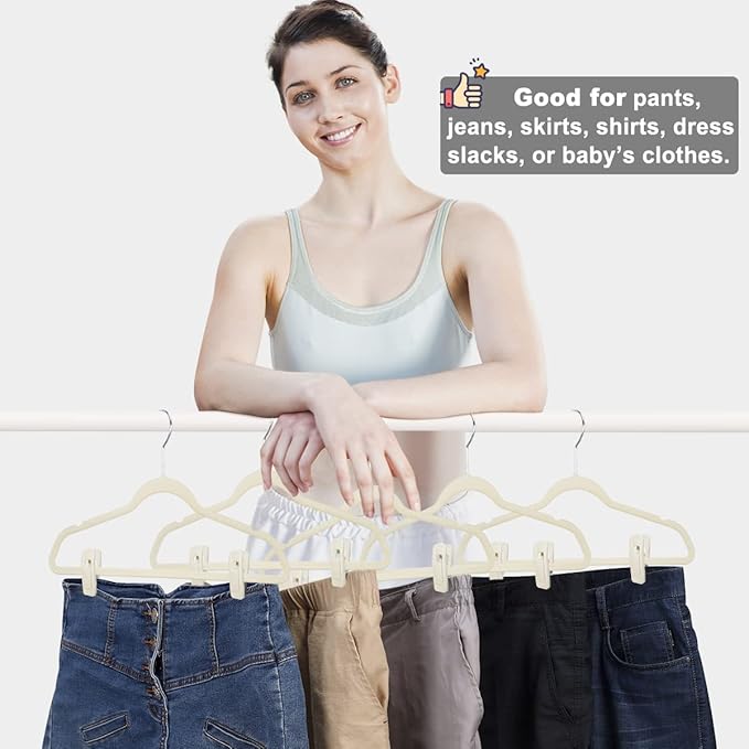 Velvet Hanger Clips - 40 PCS Beige Non-Slip Velvet Clips for Pants, Suits & Skirts