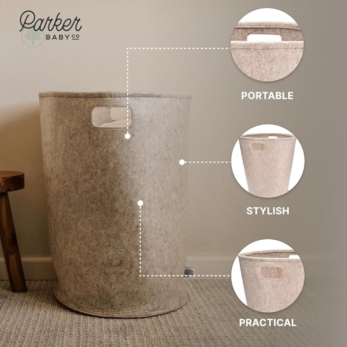 Parker Baby Nursery Laundry Hamper - Large Felt Storage Basket and Baby Hamper for Nursery (Gray)