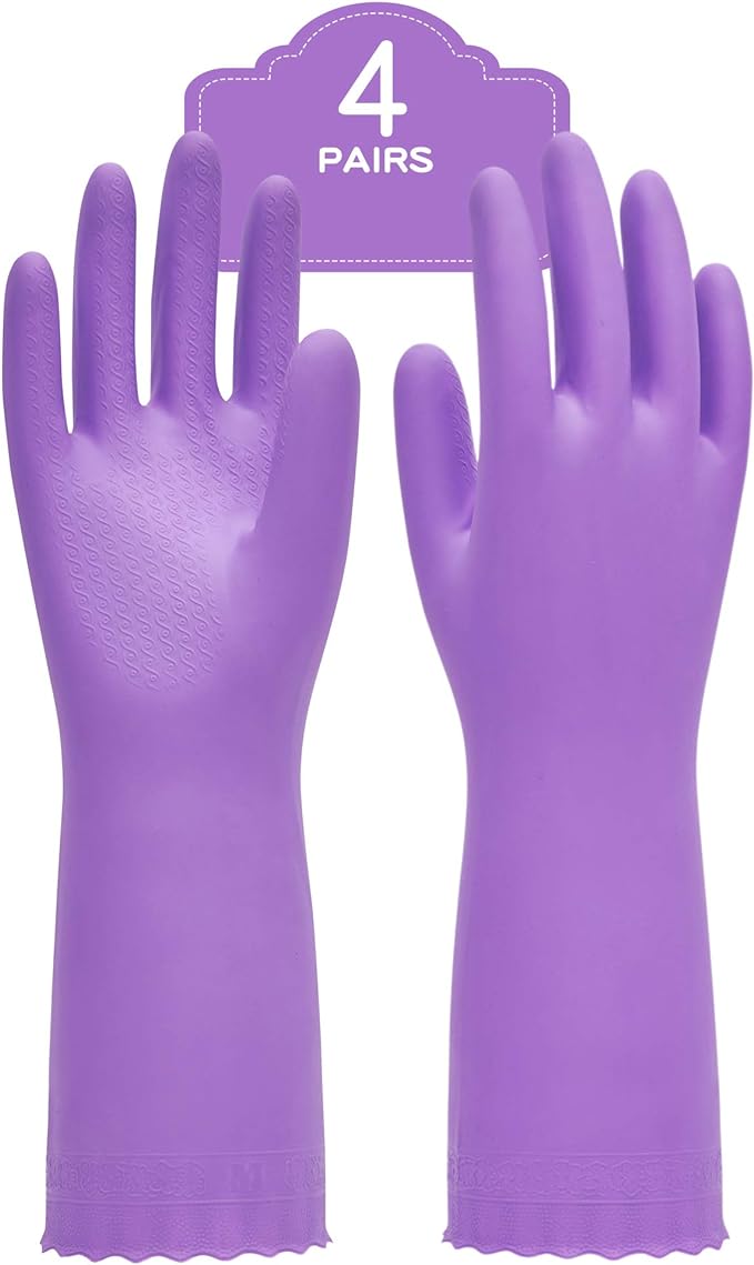 PACIFIC PPE 4 Pairs Reusable Dishwashing Cleaning Gloves with Latex Free, Cotton Lining, Kitchen Gloves, Purple, Small