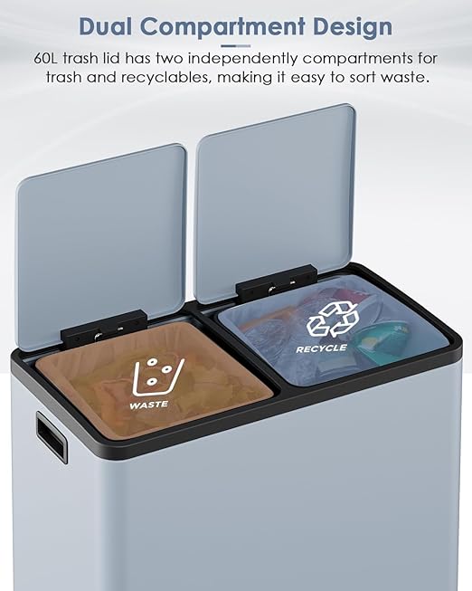 AthLike 60L(16 Gal) Dual Trash Can, Stainless Steel Kitchen Garbage Can, Double Compartment Classified Rubbish Bin, Recycle Dustbin w/Plastic Inner Buckets, Soft-Close Lid, Airtight (Haze Blue)
