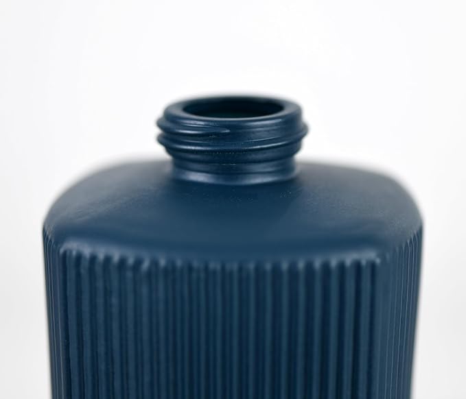 12 oz Glass Soap Dispenser with Vertical Stripe with Black Plastic Rustproof Pump, Small Refillable Soap Dispenser for Kitchen and Bathroom (Dark Blue)