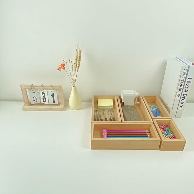 bamboo drawer organizer Set，expandable drawer dividers,wooden storage organizers,large trays for kitchen, bathroom,flatware,Tea Bag Organizer (1 X 5PCS Natural)