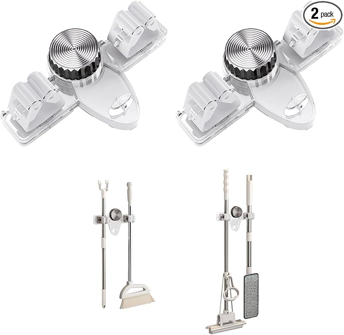 Mop and Broom Holder Wall Mount, No Punching Required Broom and Mop Organizer Wall Hanging with Hooks for Bathroom, Laundry Room, Garage, Kitchen,Garden Tool Organizer Storage (2pcs Transparent)