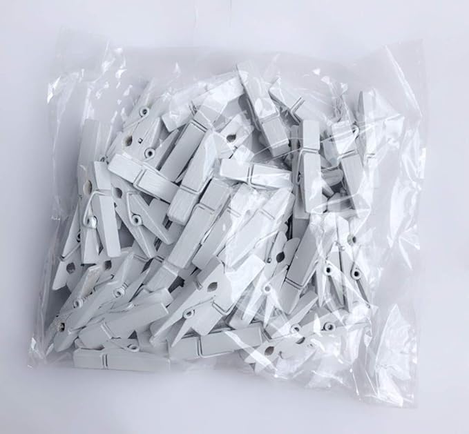 DurReus Small Clothespins Decorations Display Art Project Wood Kitchen Clips Chip Bags Clothesline Pins with Twine Pack 50 White