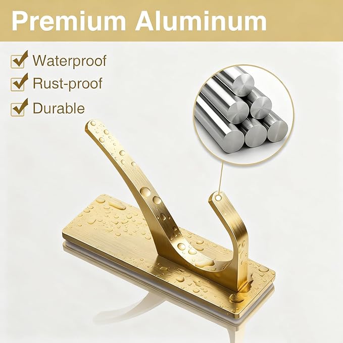 pickpiff Self Adhesive Coat Hooks for Hanging, Heavy Duty Stainless Double Wall Hook for Towel, Backpack, Hat, Sturdy Metal Hanger for Bathroom, Bedroom, Door, Wall Mounted, 6-Pack, Brushed Gold