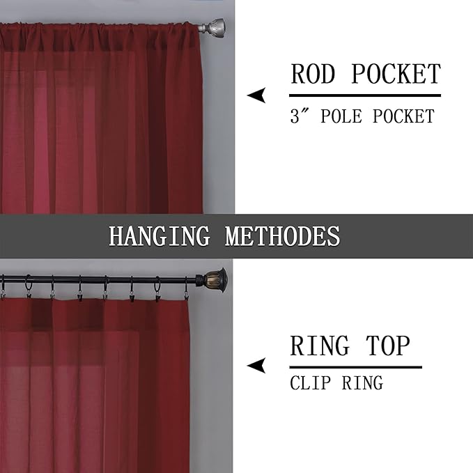 Tollpiz Sheer Curtains Linen Textured Bedroom Curtain Sheers Light Filtering Rod Pocket Voile Curtains for Living Room, 54 x 63 inches Long, Burgundy Red, Set of 2 Panels