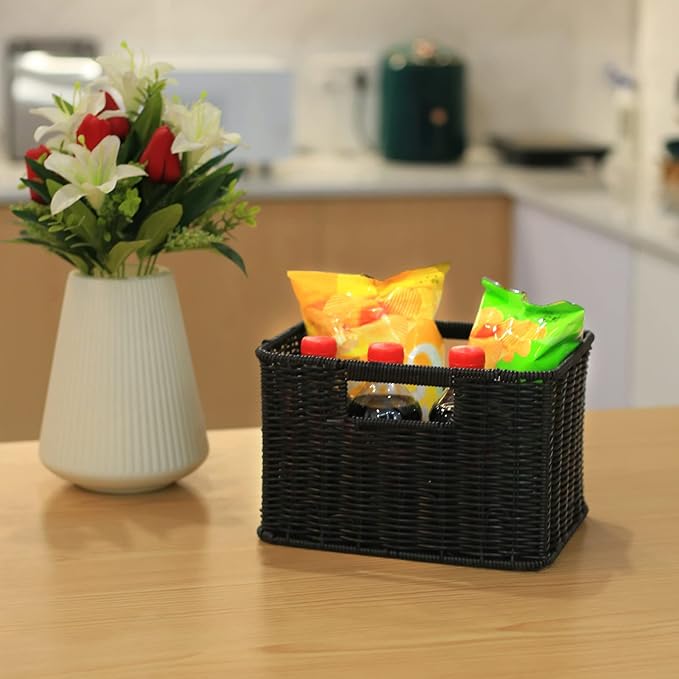 HOONEX Large Wicker Baskets for Storage, Woven Plastic With Dual Handles, Set of 3, Black