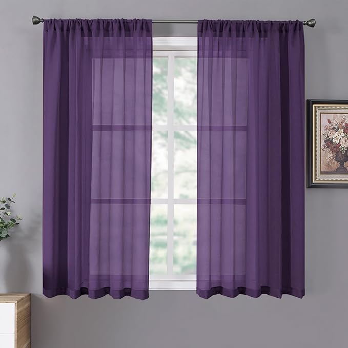 Tollpiz Short Sheer Curtain Linen Textured Living Room Curtains Sheer Light Filtering Rod Pocket Voile Curtain for Bedroom, 42 x 54 inches Long, Royal Purple, Set of 2 Panels