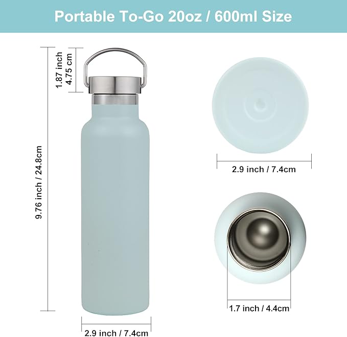 Neihepal 20 oz Insulated Water Bottles Bulk 2 Pack,Stainless Steel Double Wall Sport Bottle with Lid of Handle,Metal Reusable Thermoses Flask with Cup Cap for School,Cyclists,Gift (Fog,Set of 2)