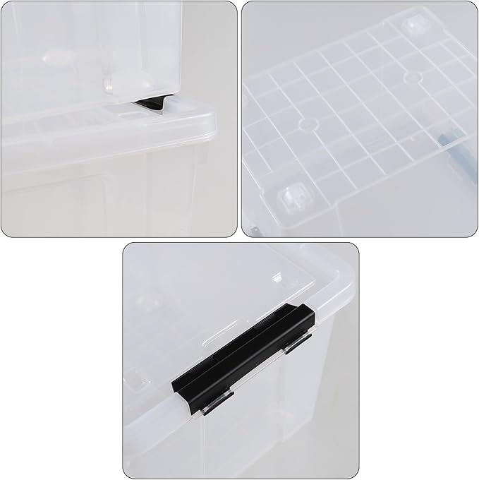 Set of 4 34 L Stackable Plastic Storage Bins with Latching Lids and Wheels, Clear Home Organization Container Box, See-Through