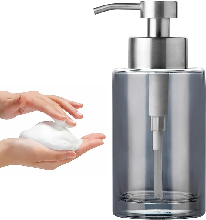 Enra Foaming Soap Dispenser, 12oz Thick Glass Body with Stainless Steel Pump, Bathroom & Kitchen (Silver Foam Dispenser)