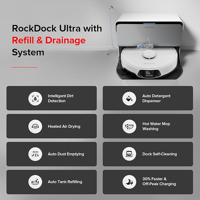 roborock S8 MaxV Ultra with Refill & Drainage System Robot Vacuum and Mop, FlexiArm Design, Auto Mop Washing&Drying, 10000Pa Suction, Obstacle Avoidance, 20mm Auto Mop Lifting, Smart Dirt Detection