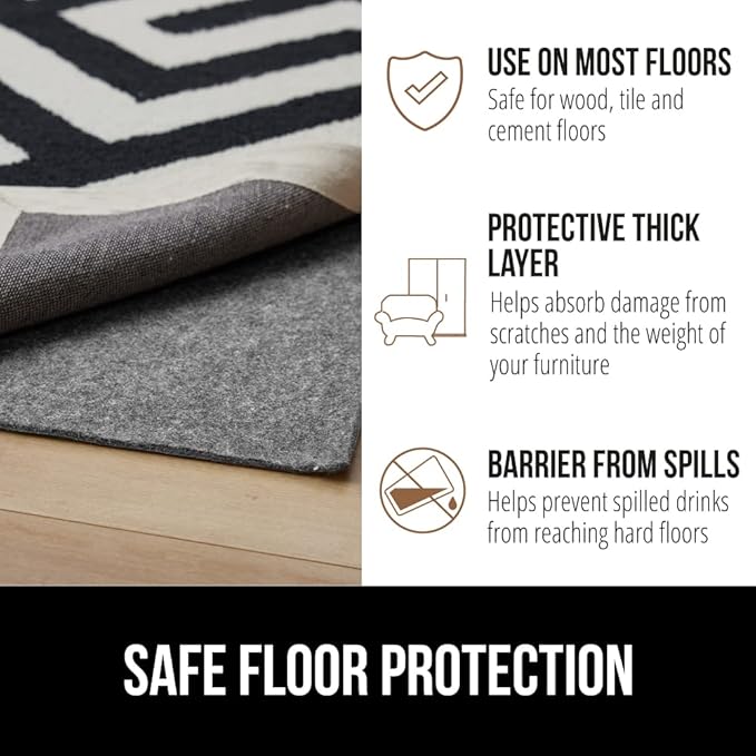 GORILLA GRIP Felt and Natural Rubber Stay in Place Slip Resistant Rug Pad, 1/4in Thick, 7x10 FT Protective Padding Under Area Rugs, Cushioned Gripper Pads, Carpet Runners, Hardwood Floors Protection