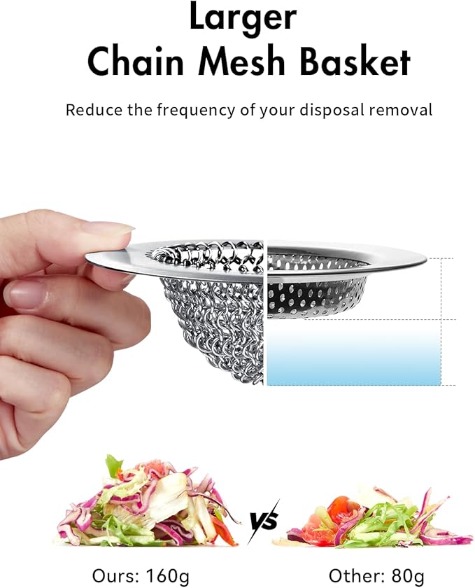 Sink Drain Strainer: Anti-Slip Flexible Chainlink, 304 Stainless Steel. Upgraded Clog-Free Kitchen Version, Easy-Clean Catcher for Garbage Disposal