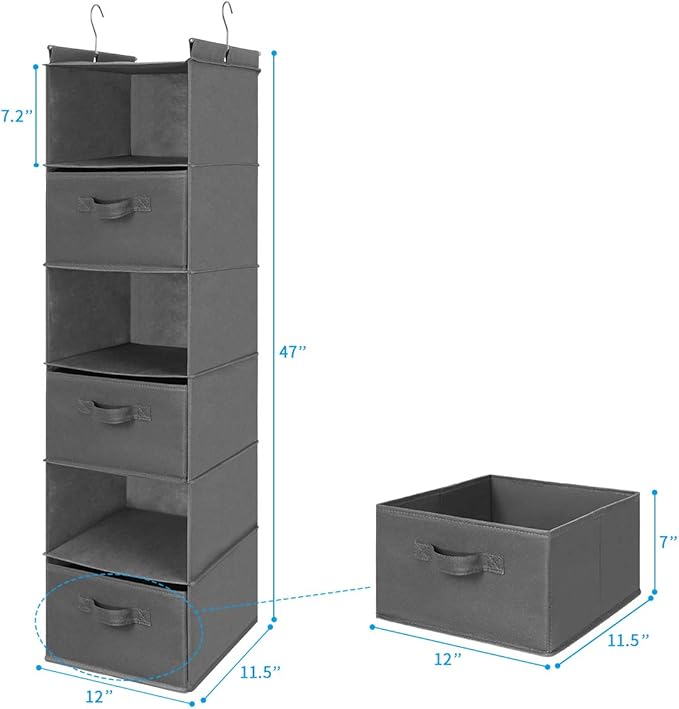 MAX Houser 6 Tier Shelf Hanging Closet Organizer, Closet Hanging Shelf with 2 Sturdy Hooks for Storage, Foldable (Grey-D3)