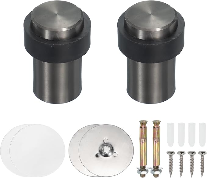 PATIKIL 2Set Round Door Stoppers, 60mm Stainless Steel Door Stop Doorstop Wedge Metal Cylinder Self Adhesive with Screw for Bottom of Door Floor Inside, Copper Tone