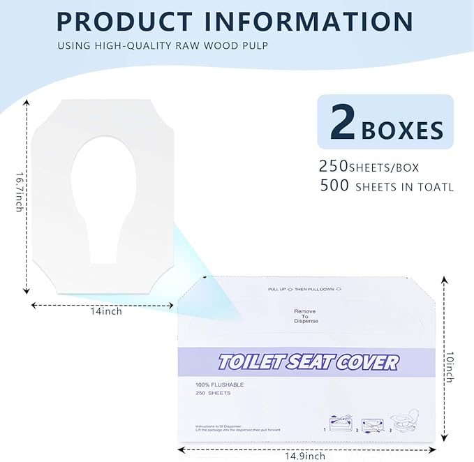 2 Pack (500 Pieces) Disposable Toilet Seat Covers Flushable Paper Toilet Seat Cover for Bathroom, Hotels, Travel, Kids or Adults