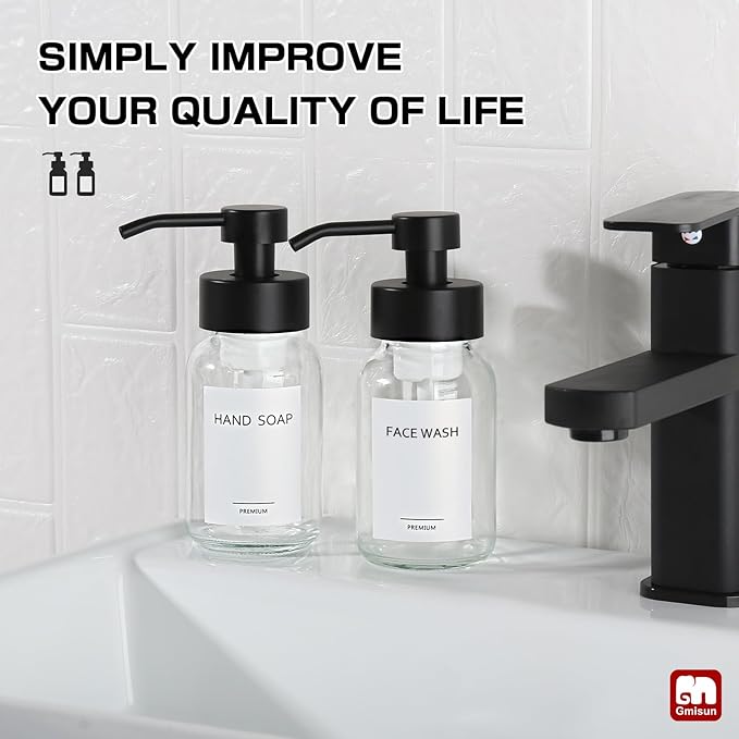 GMISUN Foam Soap Dispenser, 2 Pack 8.5 fl oz / 250 ml Clear Glass Soap Dispenser for Bathroom & Kitchen, Modern Hand Soap Dispensers, Refillable Glass Foaming Soap Dispensers with Waterproof Labels