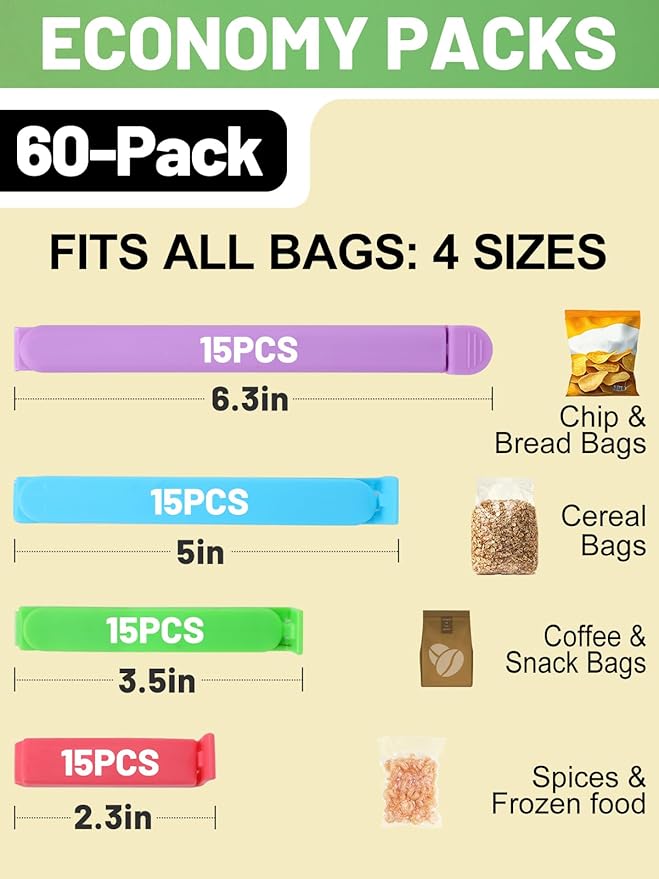 60 PCS Colorful Chip Clips - 4 Sizes Good Sealing Bag Clips for Food Snack Storage, Keeps Coffee, Bread, Cookies Fresh (6.3", 5", 3.5", 2.3")
