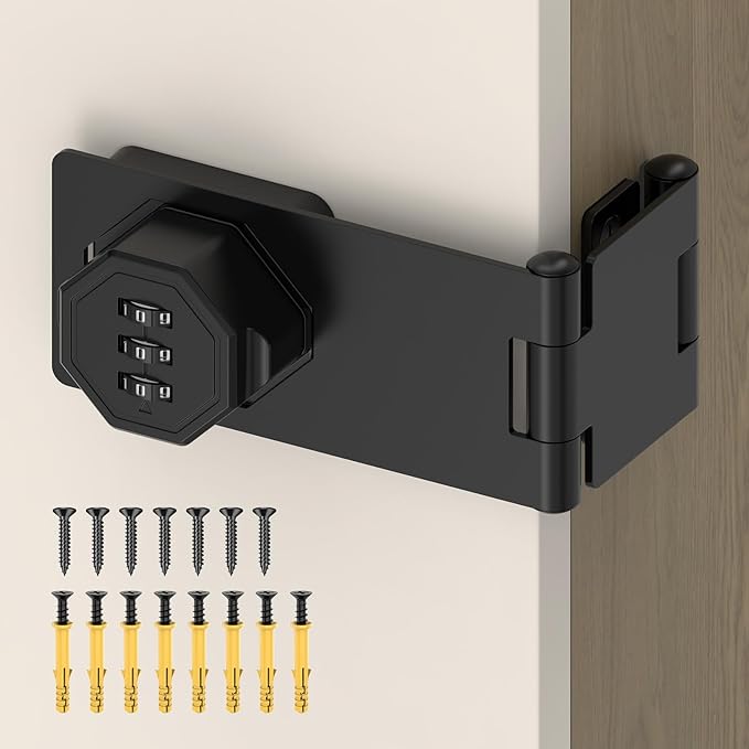 90 Degree 3-Digit Combination Cabinet Lock, Zinc Alloy Keyless Folding Hasp Lock Latch, Password Security Rotary Door Latch for Office File Cabinet, Drawer, Locker, Cupboard (1, Black)