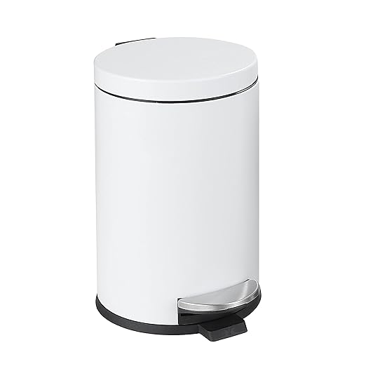 SunnyPoint 4.5 Liter(1.2 Gallon) Small Round Trash Can with Plastic Inner Bucket; Bathroom, Office, Kitchen and Bedroom Step On and Slow Close (WHT)