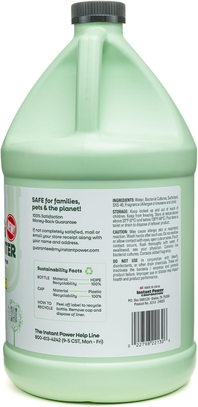 Instant Power Eco Clog Preventer - Enzyme Drain Cleaner Liquid and Deodorizer for Sink, Shower, Toilet, Garbage Disposal Cleaner, Bio-Based Drain Defense, Smell Remover and Odor Eliminator - 1 Gallon