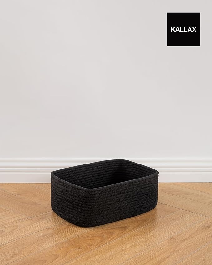 Small Woven Basket, 13.5 x 9.5 x 5 Inches, Storage Basket for Organizing, Cute Small Rope Shelf Closet Cube Storage Bins Baskets for Shelves, Dog Toy Gift Baskets Empty, 3 Packs, Black