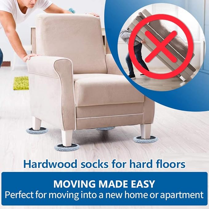 Furniture Sliders Multi-Surface 2-in-1 Reusable Moving Pads for All Floor Types - 8 Pack 5" Carpet Sliders and 8 Hardwood Socks - Protect Floor and Easier to Move Your Furniture