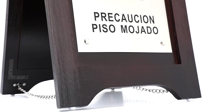 Premium Wooden Caution Wet Floor Sign – Bilingual w/Non-Skid Plastic Feet, Brushed Nickel Plate – For Hotels, Schools, Offices, Areas, Restrooms, Pool Decks & Shops