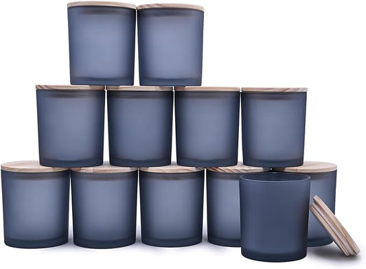 14 OZ Thick Candle Jars for Making Candles 12 Pcs, 3 Wick Empty Jars with Wood Lids for Candle Making, Sample Container, Frosted Grey