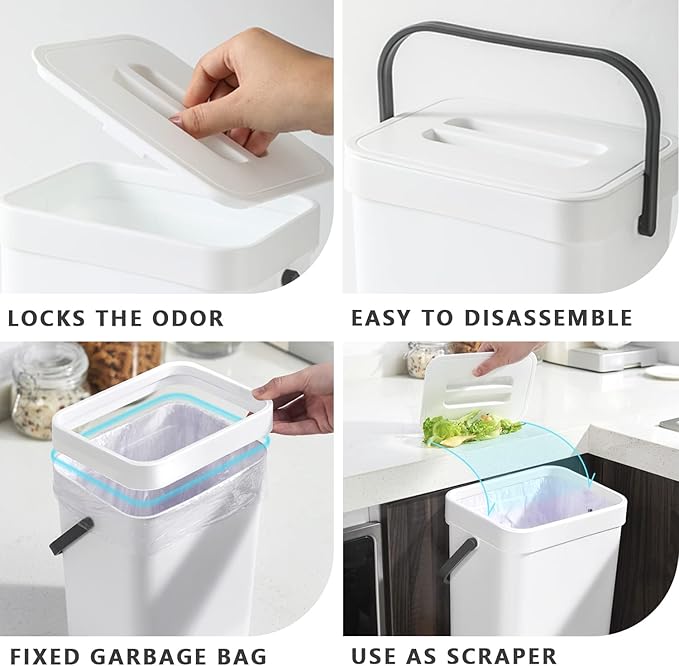 Kitchen Compost Bin Indoor for Counter Top,Hanging Small Trash Can with Lid,Food Waste Bin,Mountable Compost Busket 1.3 Gal/5 L Series,White