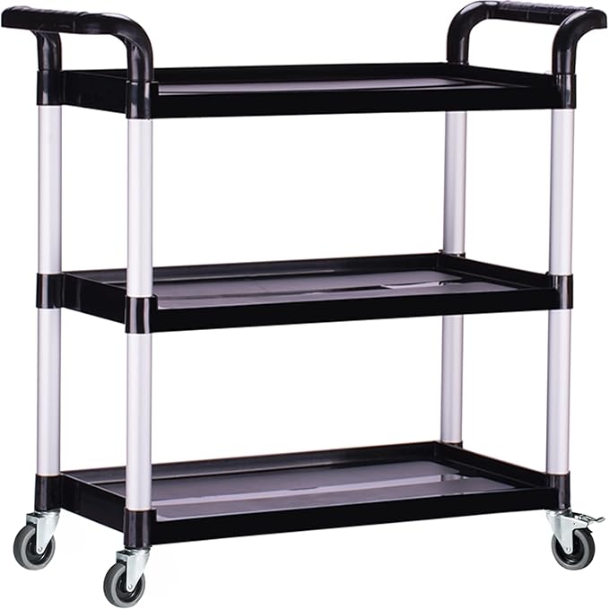 Plastic Utility Carts with Wheels, Heavy Duty 510lbs Capacity Rolling Service Cart, 3-Tier Restaurant Food Cart with Hammer for Office, Warehouse, Garage (Lockable Wheels, Black)