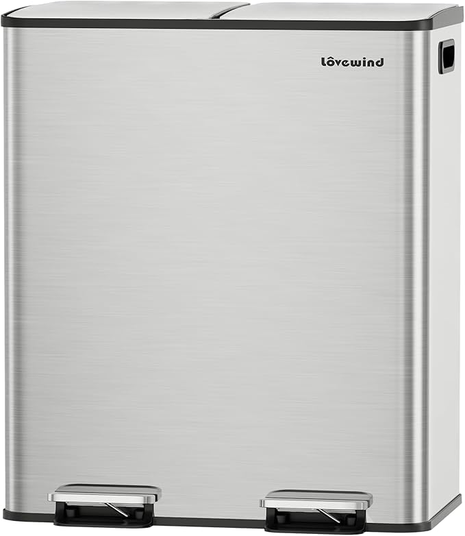 Lovewind Kitchen Trash Can, 2 x 8 Gallon (2 x 30 L) Stainless Steel Trash and Recycle Bin Combo with Soft-Close Lid, Dual Compartment Recycling Kitchen Step Trash Bin, Silver