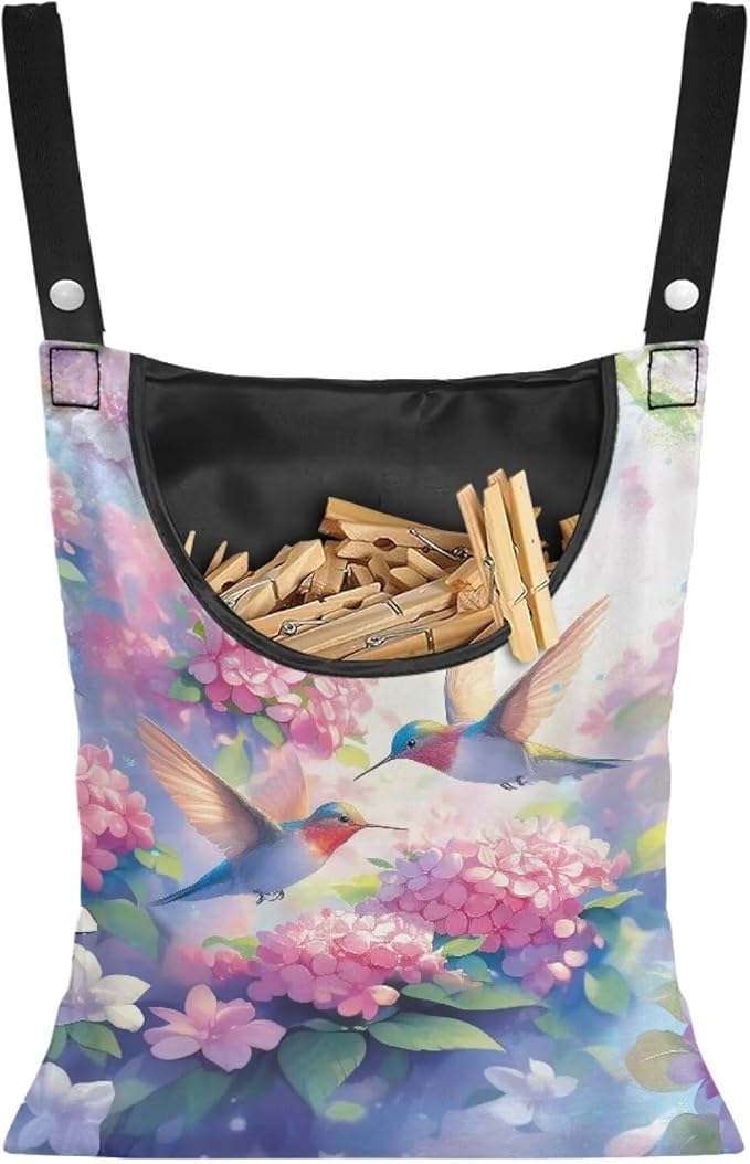 Hummingbird and Flower Clothes Pin Hanging Bag with Hanging Rope for Clothes Pins and Clothespins - Heavy Duty Outdoor Use 14.5 X 12 Inch Clothespin Bag