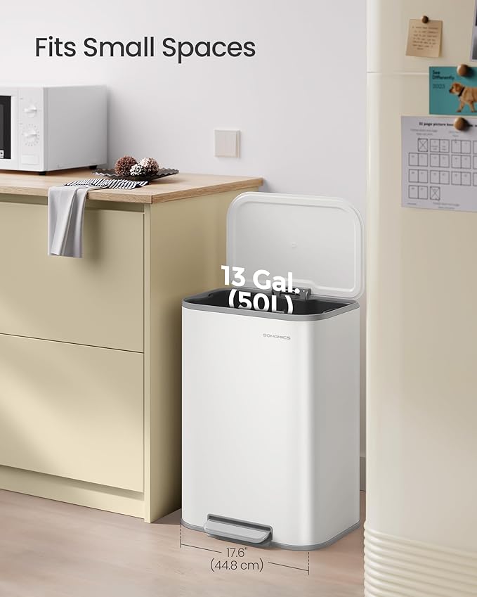 SONGMICS Kitchen Trash Can, 13-Gallon (50 L) Garbage Can with Lid, Stainless Steel, Soft Close and Stays Open, Inner Bucket, Wide Non-Slip Pedal, Cloud White ULTB547W01