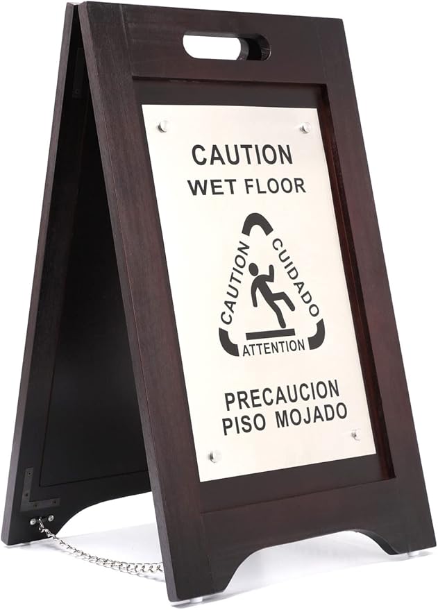 Premium Wooden Caution Wet Floor Sign – Bilingual w/Non-Skid Plastic Feet, Brushed Nickel Plate – For Hotels, Schools, Offices, Areas, Restrooms, Pool Decks & Shops