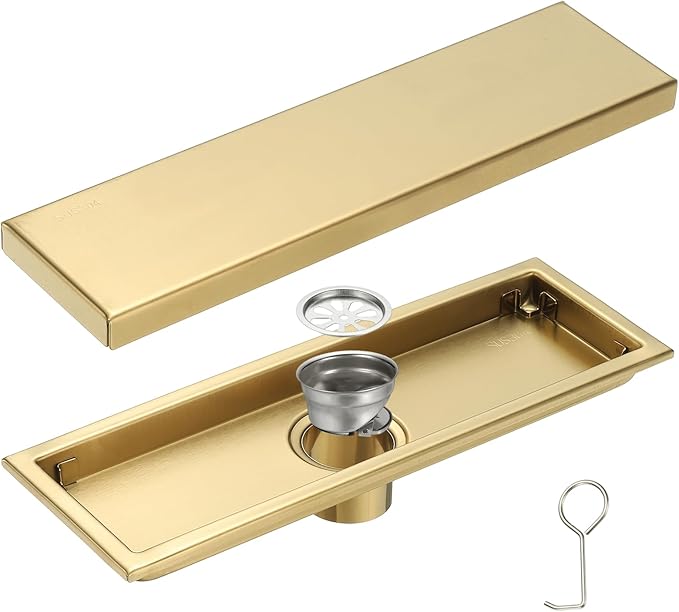 uxcell Rectangular Shower Drain, Brushed 304 Stainless Steel Odor-Proof Floor Drain Linear Shower Drain Hair Catcher for Bathroom Kitchen and Laundry Room(12 Inch, Gold)
