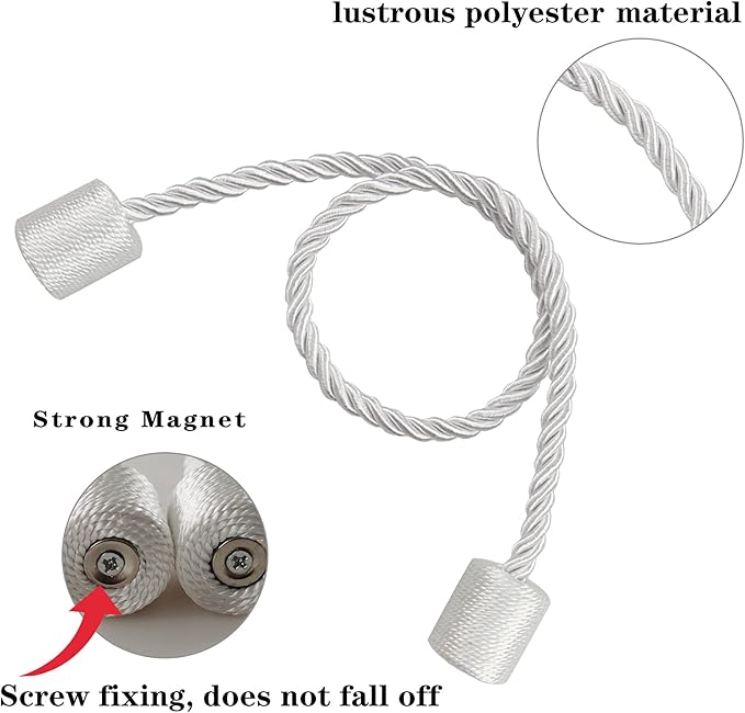 2 Pack White Strong Magnetic Curtain Tiebacks Outdoor Elegant Decorative Tie Backs Modern Rope Tiebacks for Drapes Window Curtain Holdbacks for Draperies