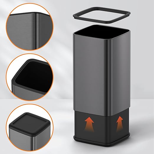 Mbillion 2.4 Gal (9L) Stainless Steel Open - Top Trash Can with Removable Inner Bucket - Sleek Metal Small Waste Basket for Bathroom Office,Brushed Black