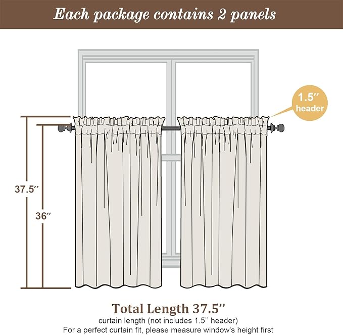 Chyhomenyc Cream Sheer Curtains 36 inch Length 2 Panels Set, Light Filtering Voile Short Window Curtians for Bathroom Living Room Farmhouse Small Windows, Each 42Wx36L in, 2PCS