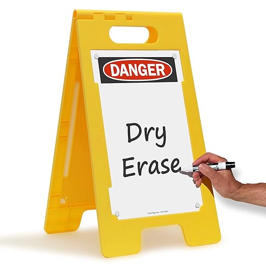 SmartSign 25 x 12 inch “Danger” Dry Erase Two-Sided Folding Floor Sign, Write-On, Portable and Lightweight A-Frame, Easy Grip Handle, Plastic, Multicolor, Made in USA