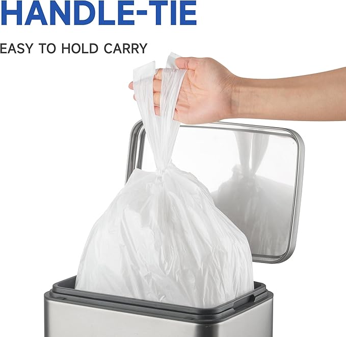 Small Trash Bags with Handles 1.2 Gallon 50 Count White - Ocean Plastic Upcycling - Plastic Garbage Bags, Can Bin & Waste Basket Liner for Kitchen, Bathroom, Office and Pets