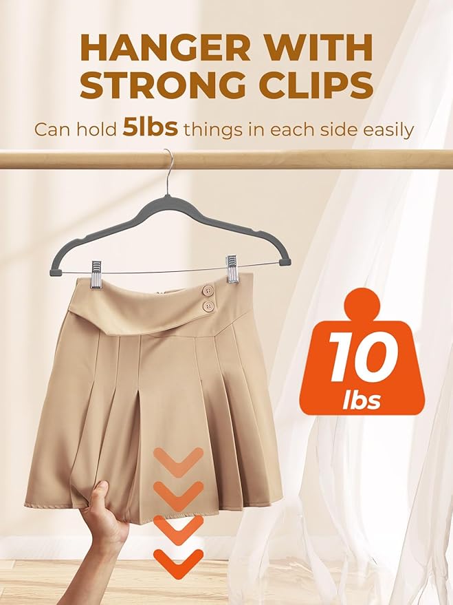 HOUSE DAY Velvet Skirt Hangers 36 Pack, Gray Velvet Hangers with Adjustable Clips, Space Saving Slim Velvet Pant Hangers, Heavy Duty Shorts Hangers, Non Slip Clip Hangers for Pants, Skirts, Shorts