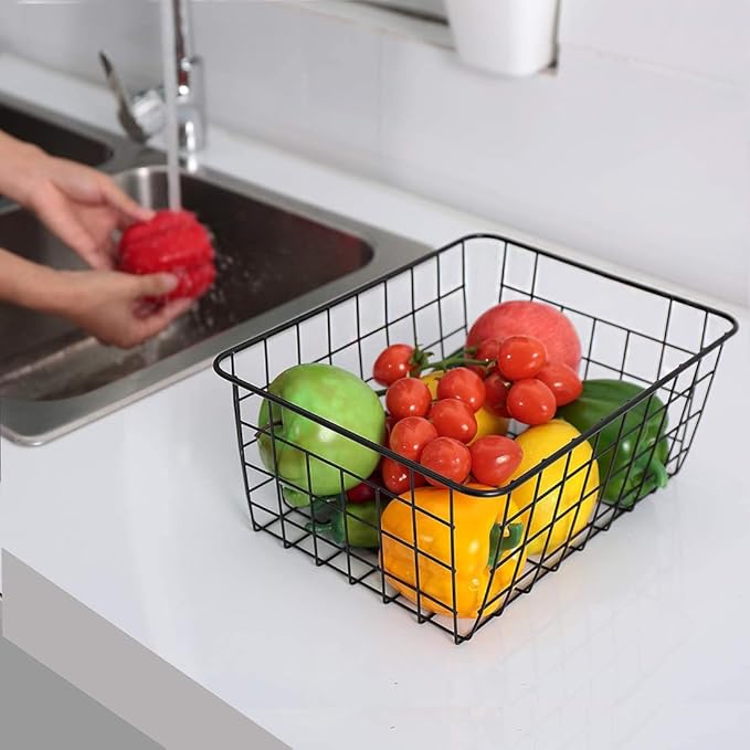 Kitchen Wire Baskets Farmhouse Decor Metal Food Storage Organizer, Household Refrigerator Bin with Built-in Handles for Cabinets,Pantry Set of 2 Black