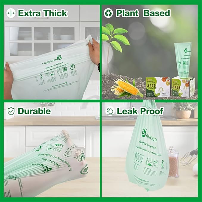 100% Certified Home Compostable Trash Bags, 55 Gallon, 60 Count, 1.5 Mils Extra Thick 38 x 58 Inches, 208 Liter, Compostable Liners, ASTM D6400 EN 13432 US BPI & OK Compost Home Certified